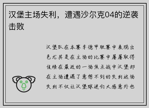 汉堡主场失利，遭遇沙尔克04的逆袭击败